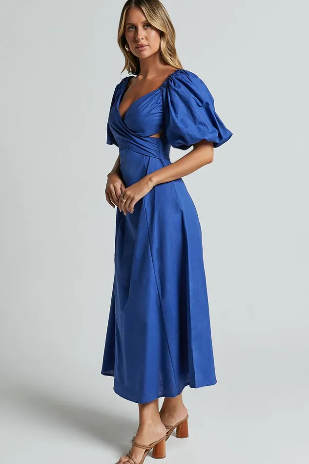 Amalie The Label 8211 Janae Linen Blend Puff Sleeve Cut Out Midi Dress In Blue Women Showpo Conscious