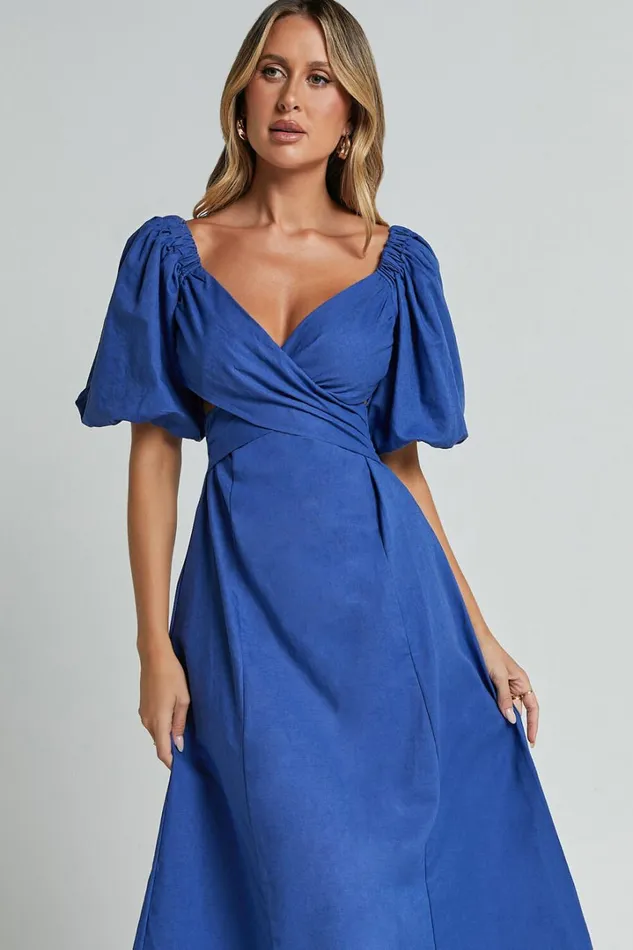 Amalie The Label 8211 Janae Linen Blend Puff Sleeve Cut Out Midi Dress In Blue Women Showpo Conscious