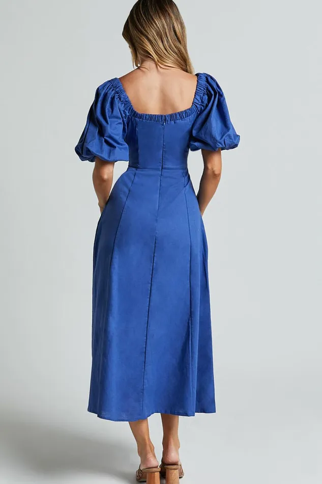 Amalie The Label 8211 Janae Linen Blend Puff Sleeve Cut Out Midi Dress In Blue Women Showpo Conscious