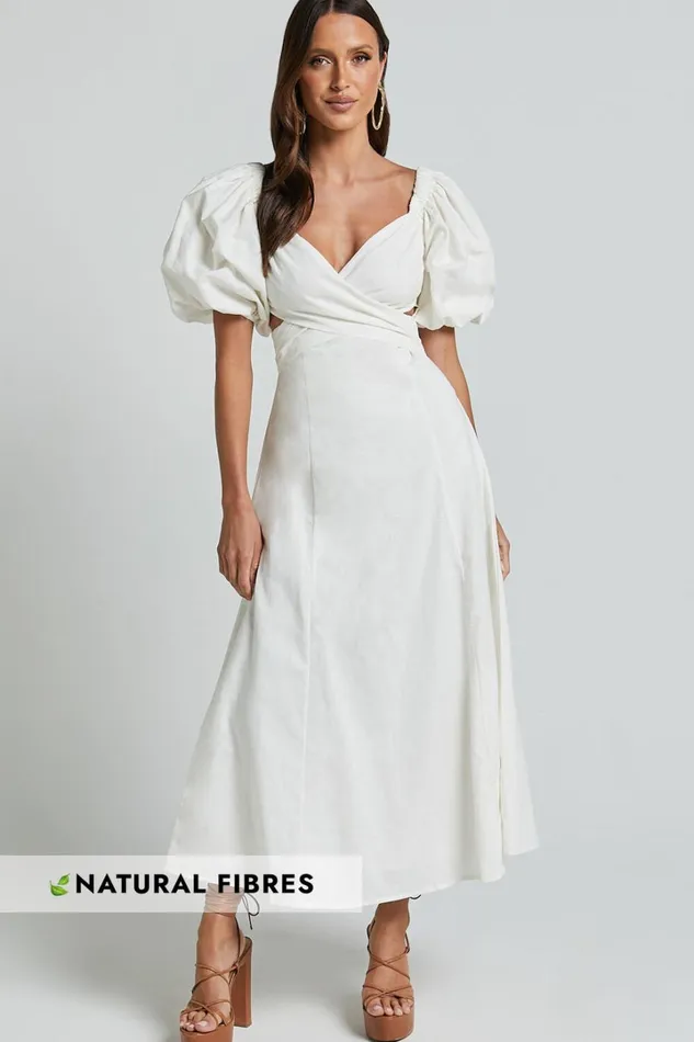 Amalie The Label 8211 Janae Linen Blend Puff Sleeve Cut Out Midi Dress In White Women Showpo Curve Clothes
