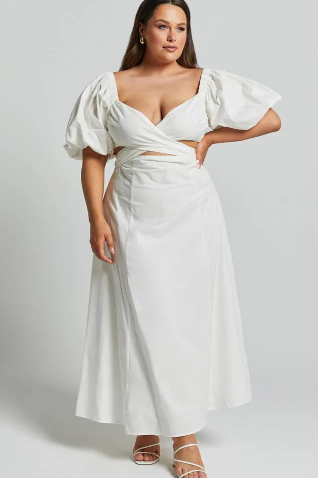 Amalie The Label 8211 Janae Linen Blend Puff Sleeve Cut Out Midi Dress In White Women Showpo Curve Clothes