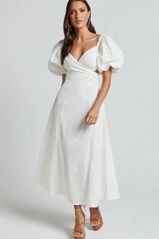 Amalie The Label 8211 Janae Linen Blend Puff Sleeve Cut Out Midi Dress In White Women Showpo Curve Clothes