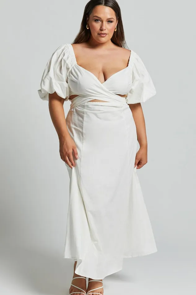 Amalie The Label 8211 Janae Linen Blend Puff Sleeve Cut Out Midi Dress In White Women Showpo Curve Clothes