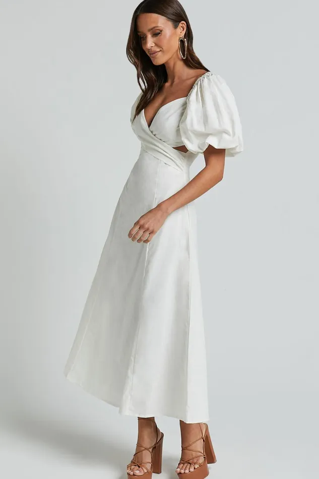 Amalie The Label 8211 Janae Linen Blend Puff Sleeve Cut Out Midi Dress In White Women Showpo Curve Clothes