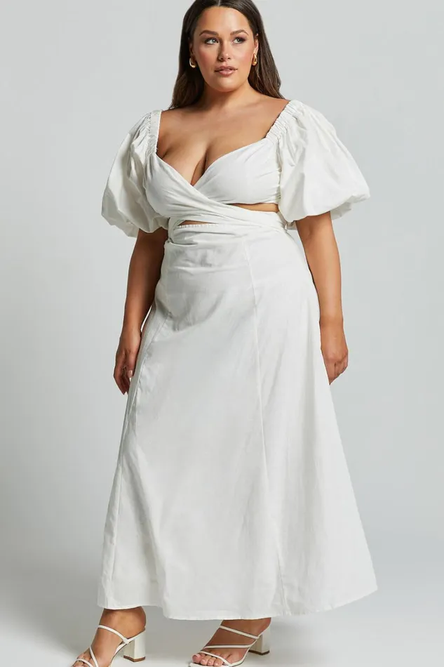 Amalie The Label 8211 Janae Linen Blend Puff Sleeve Cut Out Midi Dress In White Women Showpo Curve Clothes