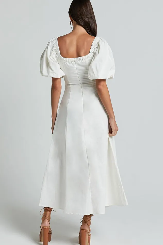 Amalie The Label 8211 Janae Linen Blend Puff Sleeve Cut Out Midi Dress In White Women Showpo Curve Clothes
