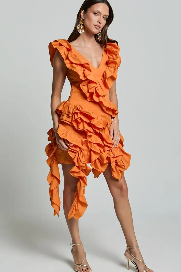 Amalie The Label 8211 Lilou Ruffle Detail Cut Out Mini Dress In Orange Women Showpo Curve Clothes