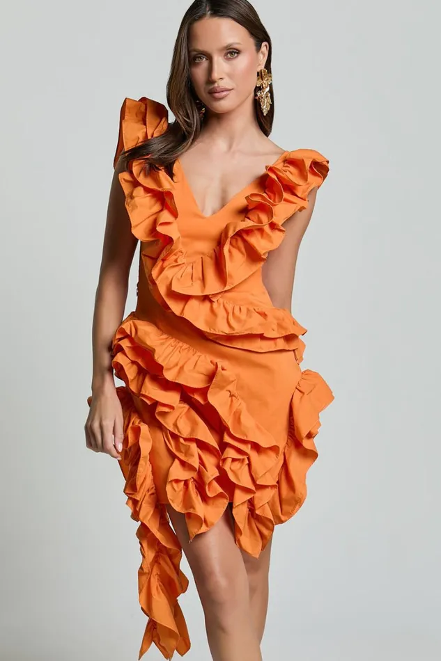 Amalie The Label 8211 Lilou Ruffle Detail Cut Out Mini Dress In Orange Women Showpo Curve Clothes