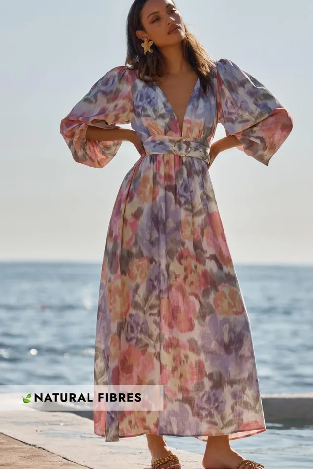 Amalie The Label 8211 Lily Linen Blend V Neck Long Puff Sleeve Tie Back Maxi Dress In Montreuil Print Women Showpo Curve Clothes