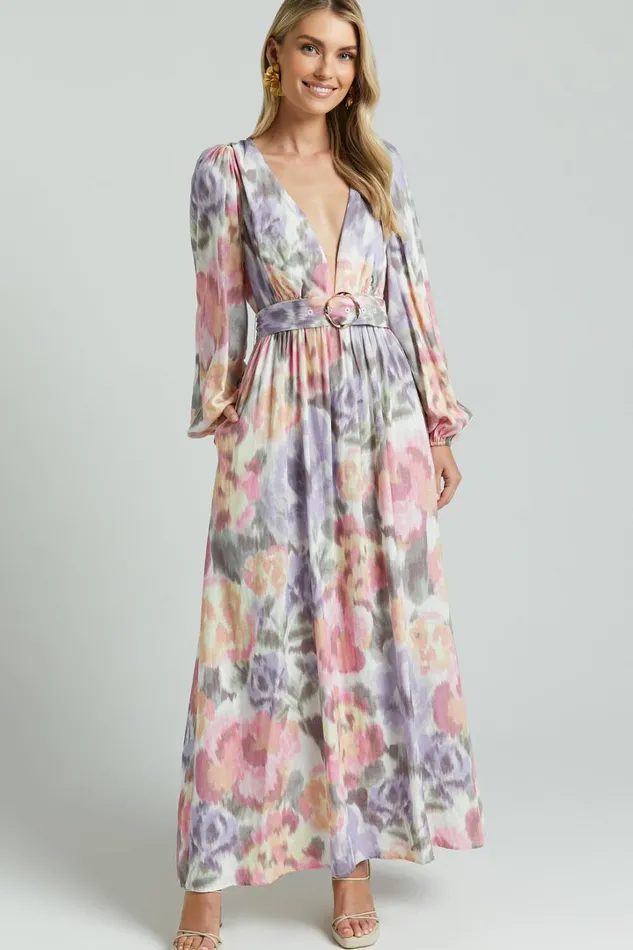 Amalie The Label 8211 Lily Linen Blend V Neck Long Puff Sleeve Tie Back Maxi Dress In Montreuil Print Women Showpo Curve Clothes