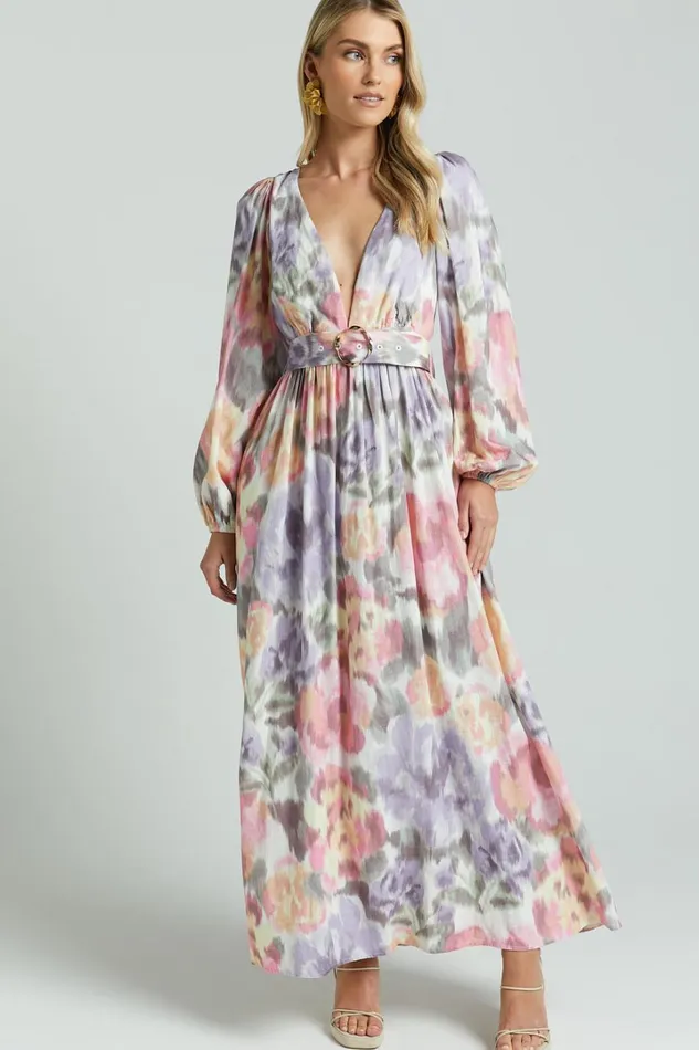 Amalie The Label 8211 Lily Linen Blend V Neck Long Puff Sleeve Tie Back Maxi Dress In Montreuil Print Women Showpo Curve Clothes