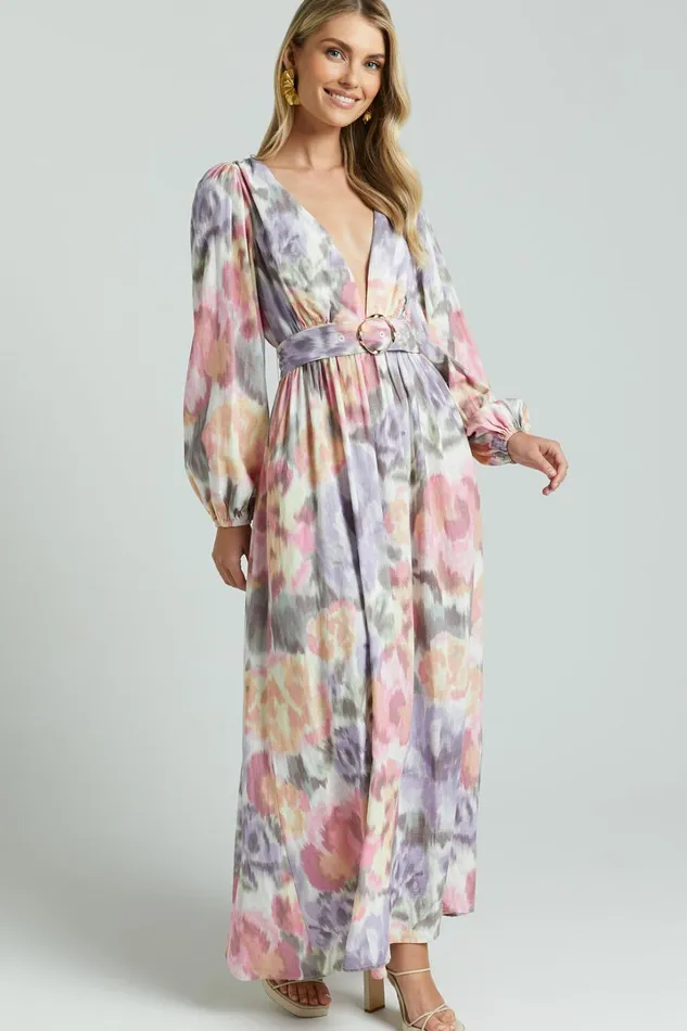 Amalie The Label 8211 Lily Linen Blend V Neck Long Puff Sleeve Tie Back Maxi Dress In Montreuil Print Women Showpo Curve Clothes