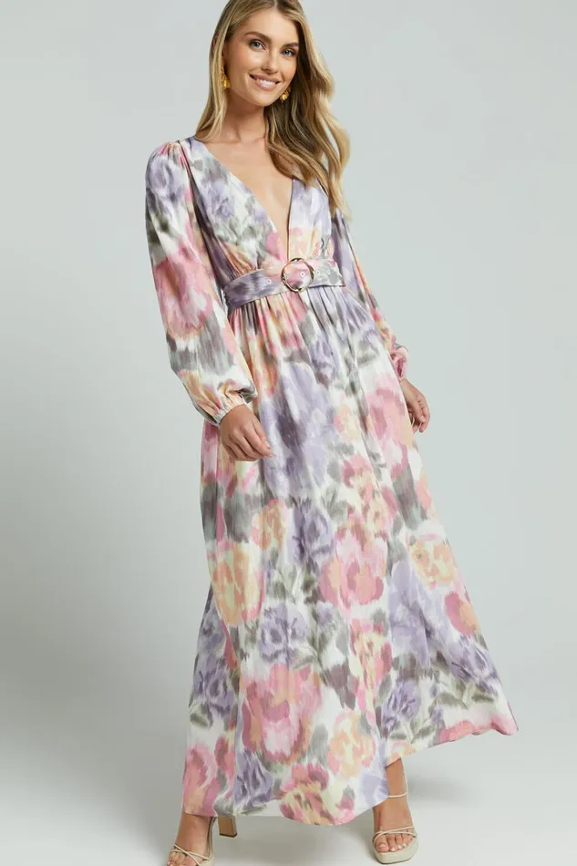 Amalie The Label 8211 Lily Linen Blend V Neck Long Puff Sleeve Tie Back Maxi Dress In Montreuil Print Women Showpo Curve Clothes