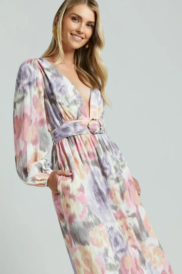 Amalie The Label 8211 Lily Linen Blend V Neck Long Puff Sleeve Tie Back Maxi Dress In Montreuil Print Women Showpo Curve Clothes