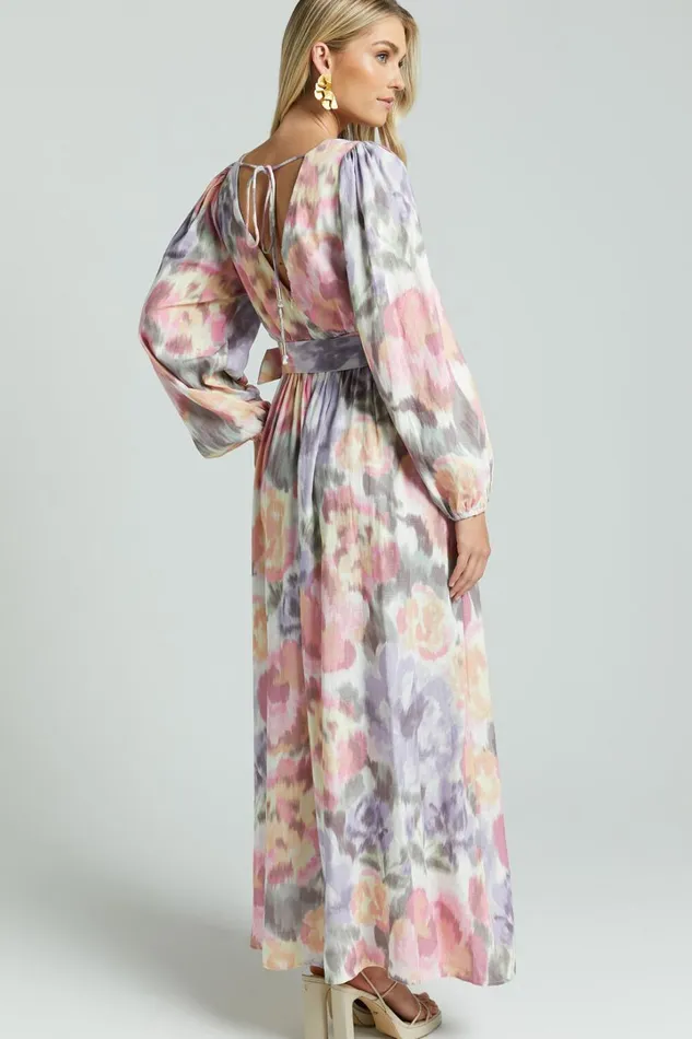 Amalie The Label 8211 Lily Linen Blend V Neck Long Puff Sleeve Tie Back Maxi Dress In Montreuil Print Women Showpo Curve Clothes