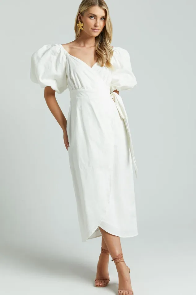 Amalie The Label 8211 Maelle Linen Blend Short Puff Sleeve Wrap Midi Dress In White Women Showpo Dresses