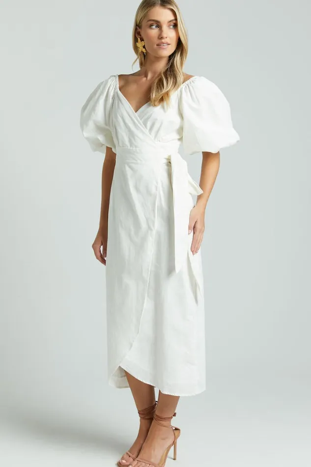 Amalie The Label 8211 Maelle Linen Blend Short Puff Sleeve Wrap Midi Dress In White Women Showpo Dresses