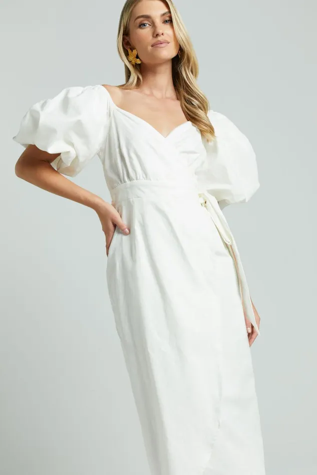 Amalie The Label 8211 Maelle Linen Blend Short Puff Sleeve Wrap Midi Dress In White Women Showpo Dresses
