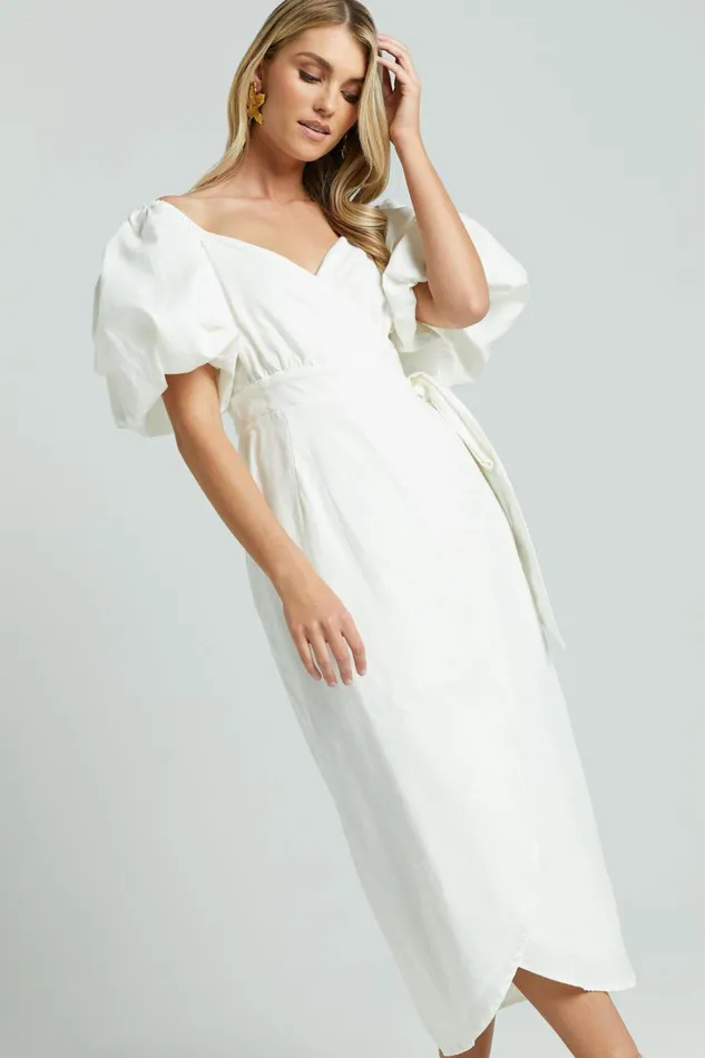 Amalie The Label 8211 Maelle Linen Blend Short Puff Sleeve Wrap Midi Dress In White Women Showpo Dresses