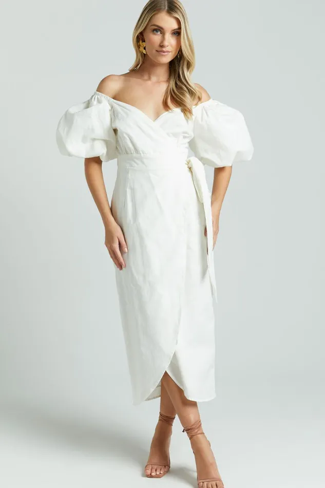 Amalie The Label 8211 Maelle Linen Blend Short Puff Sleeve Wrap Midi Dress In White Women Showpo Dresses