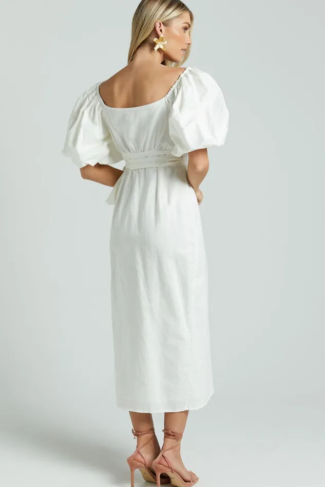 Amalie The Label 8211 Maelle Linen Blend Short Puff Sleeve Wrap Midi Dress In White Women Showpo Dresses