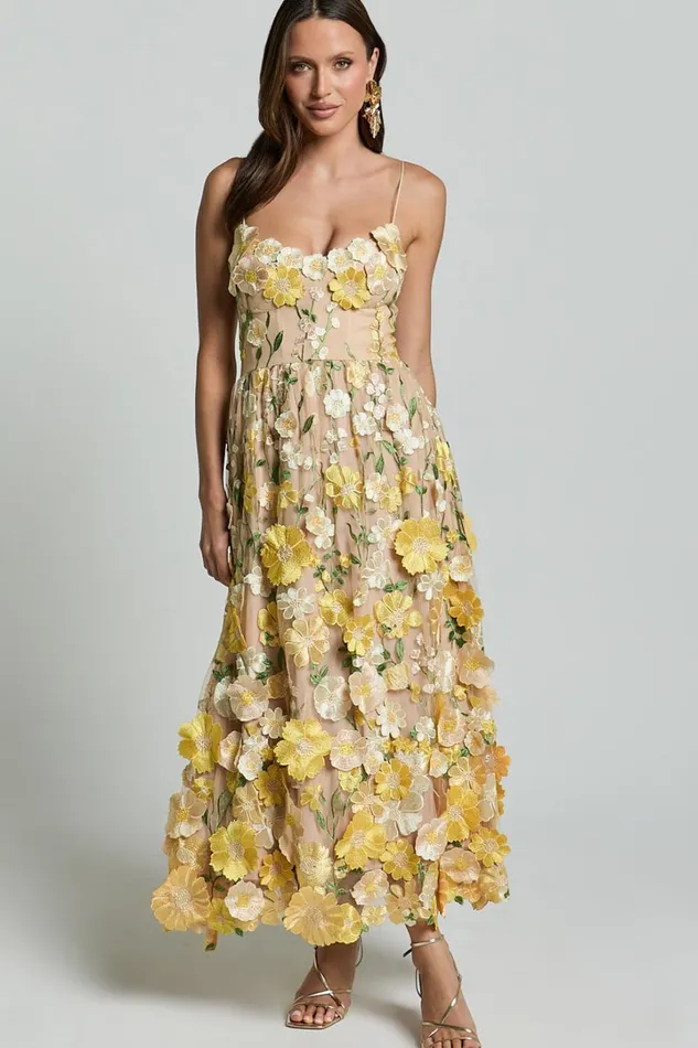 Amalie The Label 8211 Mia Strappy Flower Detail Midi Dress In Yellow Women Showpo Dresses