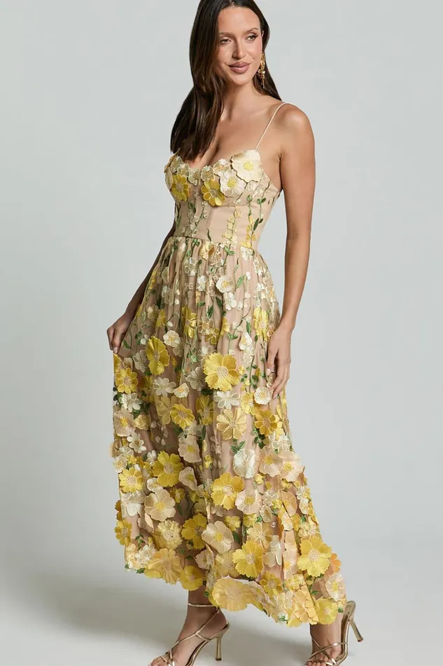Amalie The Label 8211 Mia Strappy Flower Detail Midi Dress In Yellow Women Showpo Dresses