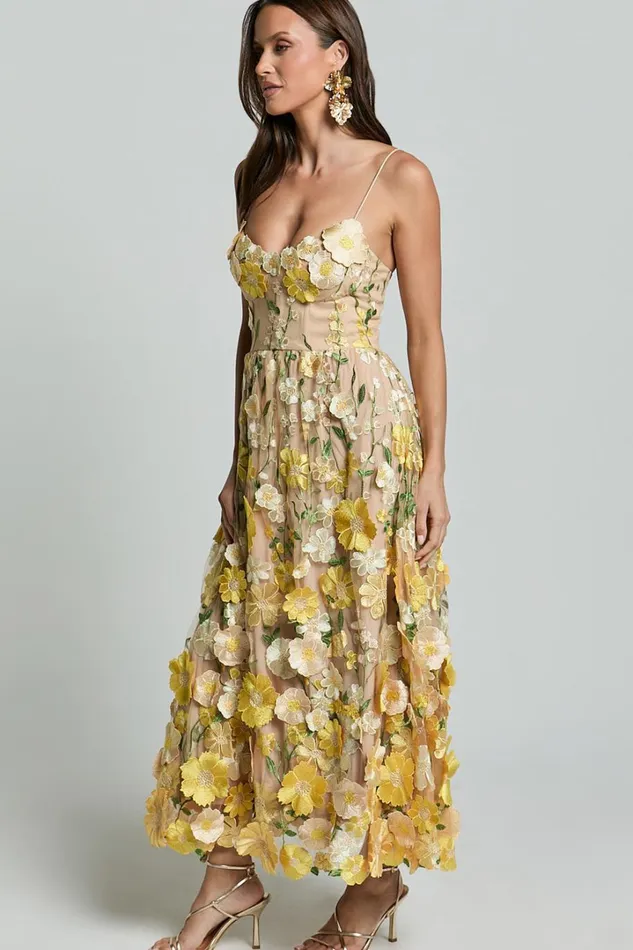 Amalie The Label 8211 Mia Strappy Flower Detail Midi Dress In Yellow Women Showpo Dresses