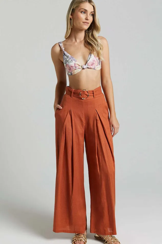 Amalie The Label 8211 Reine Linen Blend High Waisted Wide Leg Pleat Pants In Burnt Sienna Women Showpo Pants