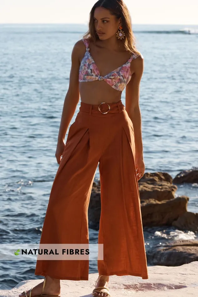 Amalie The Label 8211 Reine Linen Blend High Waisted Wide Leg Pleat Pants In Burnt Sienna Women Showpo Pants