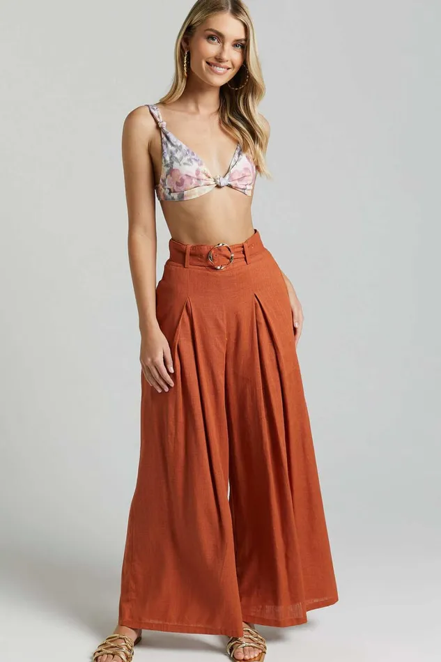 Amalie The Label 8211 Reine Linen Blend High Waisted Wide Leg Pleat Pants In Burnt Sienna Women Showpo Pants
