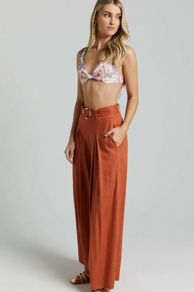Amalie The Label 8211 Reine Linen Blend High Waisted Wide Leg Pleat Pants In Burnt Sienna Women Showpo Pants
