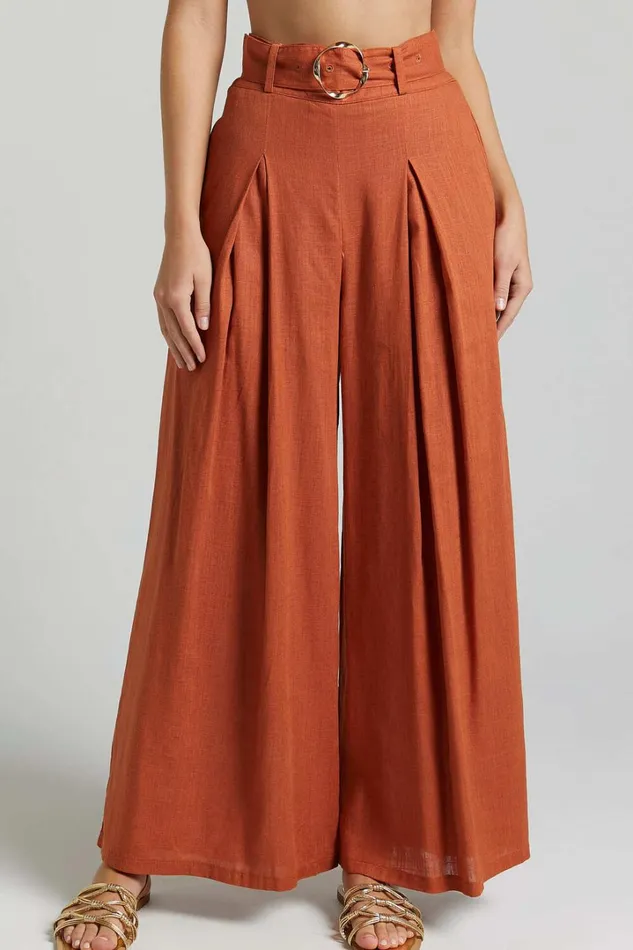 Amalie The Label 8211 Reine Linen Blend High Waisted Wide Leg Pleat Pants In Burnt Sienna Women Showpo Pants