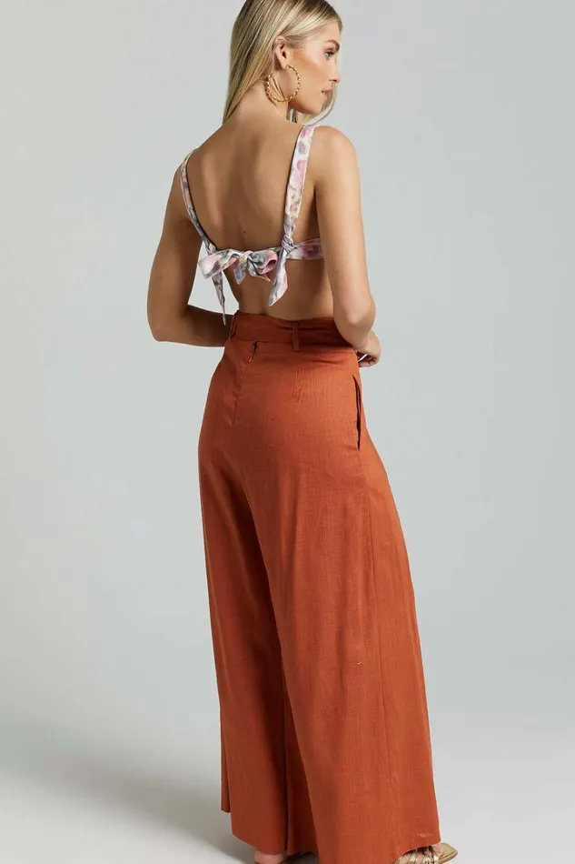 Amalie The Label 8211 Reine Linen Blend High Waisted Wide Leg Pleat Pants In Burnt Sienna Women Showpo Pants