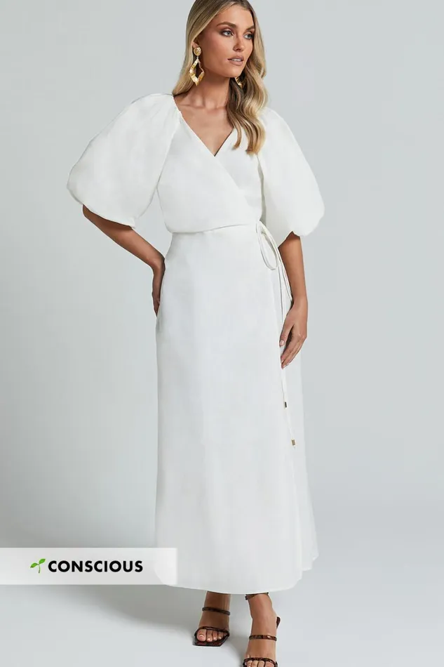 Amalie The Label 8211 Santana Linen Blend Puff Sleeve Wrap Midi Dress In White Women Showpo Conscious