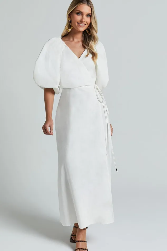 Amalie The Label 8211 Santana Linen Blend Puff Sleeve Wrap Midi Dress In White Women Showpo Conscious