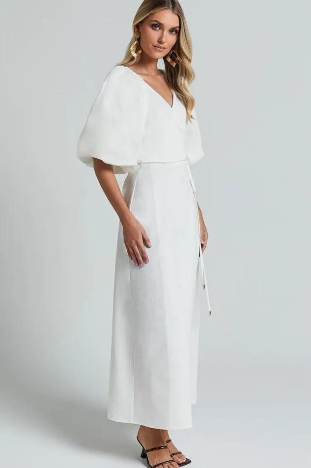 Amalie The Label 8211 Santana Linen Blend Puff Sleeve Wrap Midi Dress In White Women Showpo Conscious
