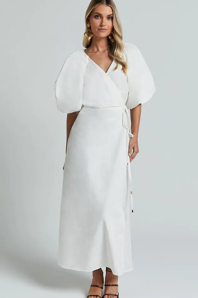 Amalie The Label 8211 Santana Linen Blend Puff Sleeve Wrap Midi Dress In White Women Showpo Conscious