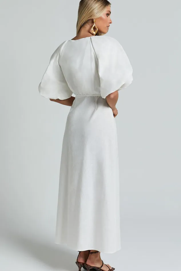 Amalie The Label 8211 Santana Linen Blend Puff Sleeve Wrap Midi Dress In White Women Showpo Conscious