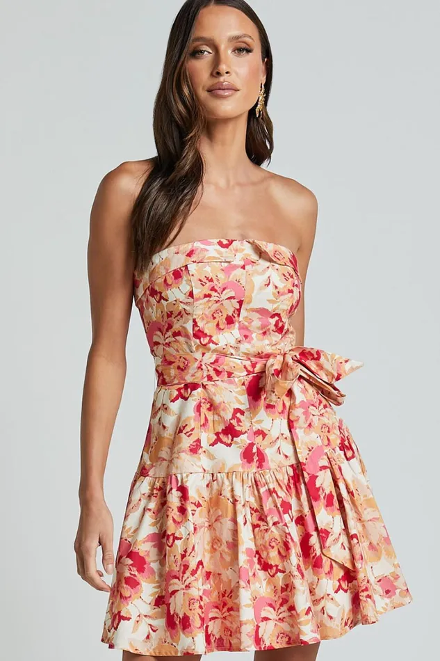 Amalie The Label 8211 Simmona Linen Blend Strapless Tie Waist Mini Dress In Sienna Print Women Showpo Dresses
