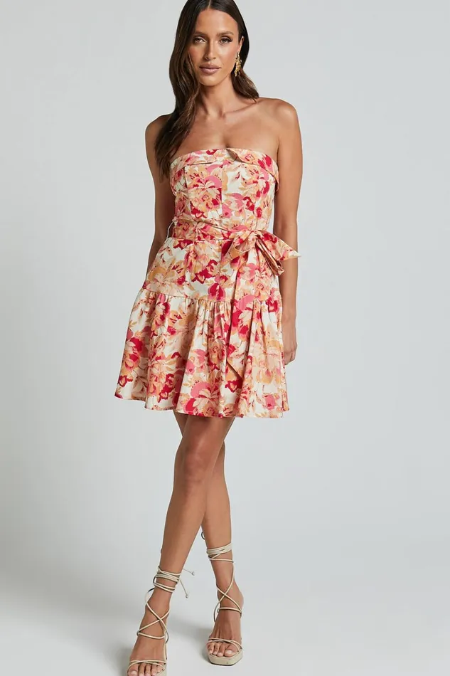 Amalie The Label 8211 Simmona Linen Blend Strapless Tie Waist Mini Dress In Sienna Print Women Showpo Dresses