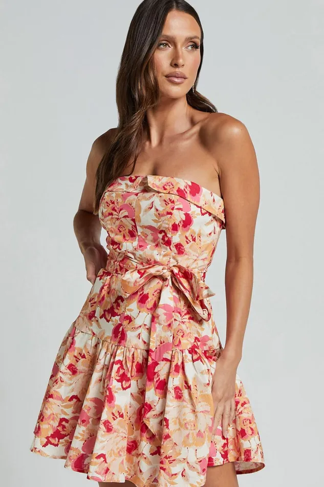 Amalie The Label 8211 Simmona Linen Blend Strapless Tie Waist Mini Dress In Sienna Print Women Showpo Dresses