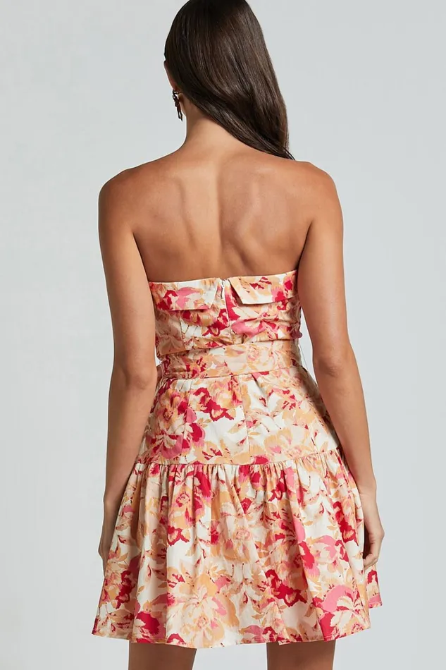 Amalie The Label 8211 Simmona Linen Blend Strapless Tie Waist Mini Dress In Sienna Print Women Showpo Dresses