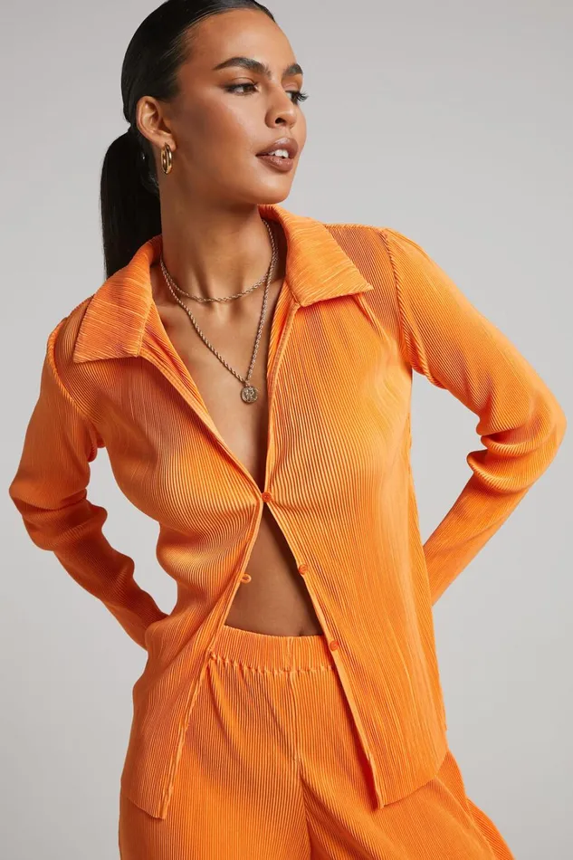 Amarante Blouse 8211 Plisse Button Up Blouse In Orange Women Showpo Tops