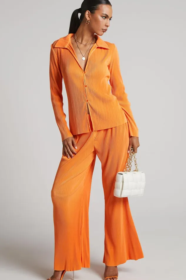 Amarante Blouse 8211 Plisse Button Up Blouse In Orange Women Showpo Tops