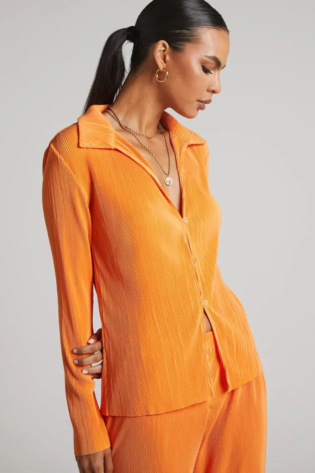 Amarante Blouse 8211 Plisse Button Up Blouse In Orange Women Showpo Tops