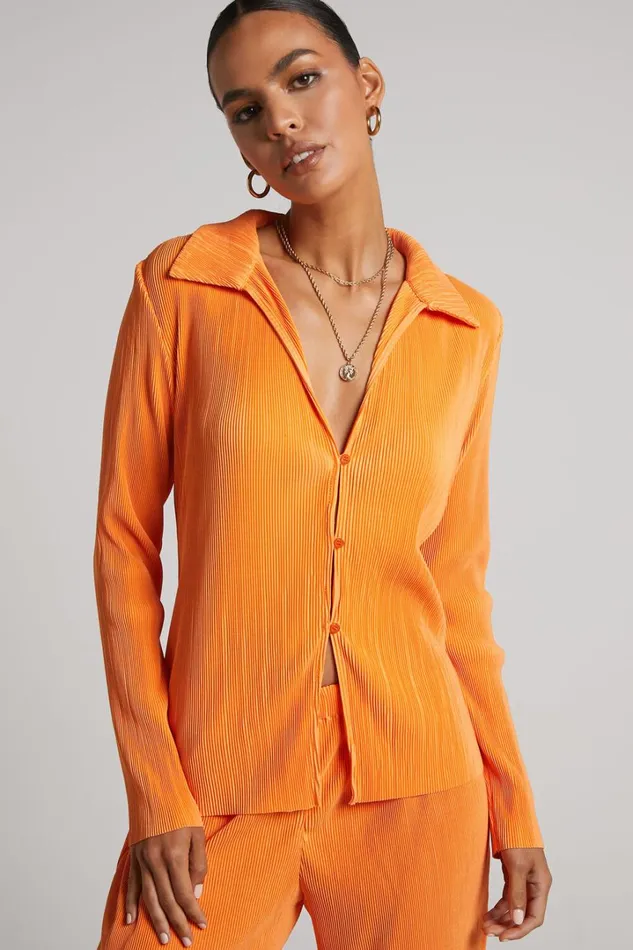 Amarante Blouse 8211 Plisse Button Up Blouse In Orange Women Showpo Tops