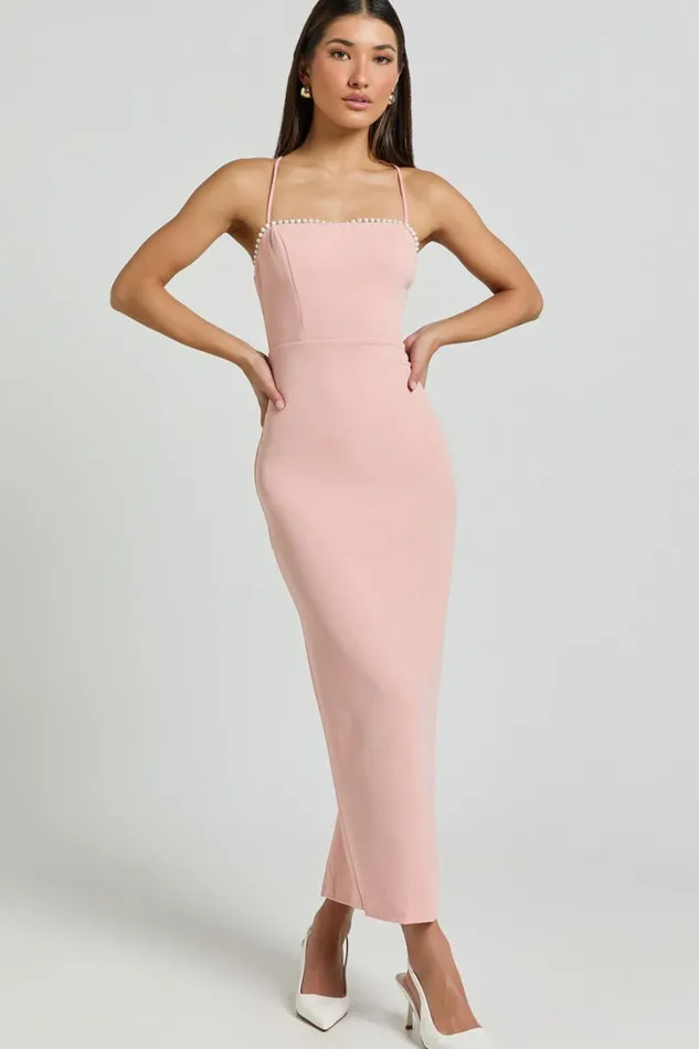 Amayla Midi Dress 8211 Strappy Pearl Trim Column Dress In Pink Women Showpo Dresses
