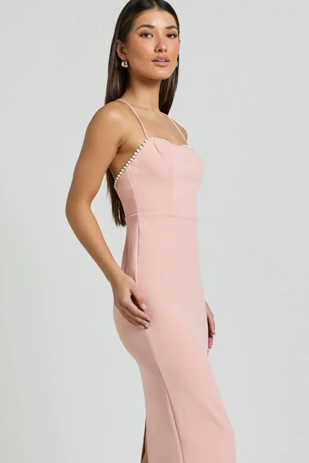 Amayla Midi Dress 8211 Strappy Pearl Trim Column Dress In Pink Women Showpo Dresses