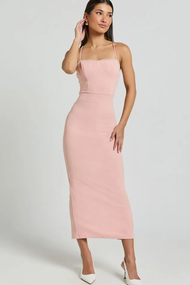 Amayla Midi Dress 8211 Strappy Pearl Trim Column Dress In Pink Women Showpo Dresses